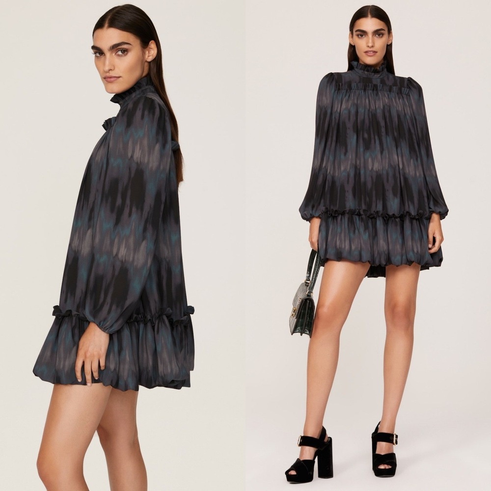 Toccin x RTR Sz 8 Tie Dye Babydoll Mini Dress Long Sleeve Ruffle Mock Neck Shift